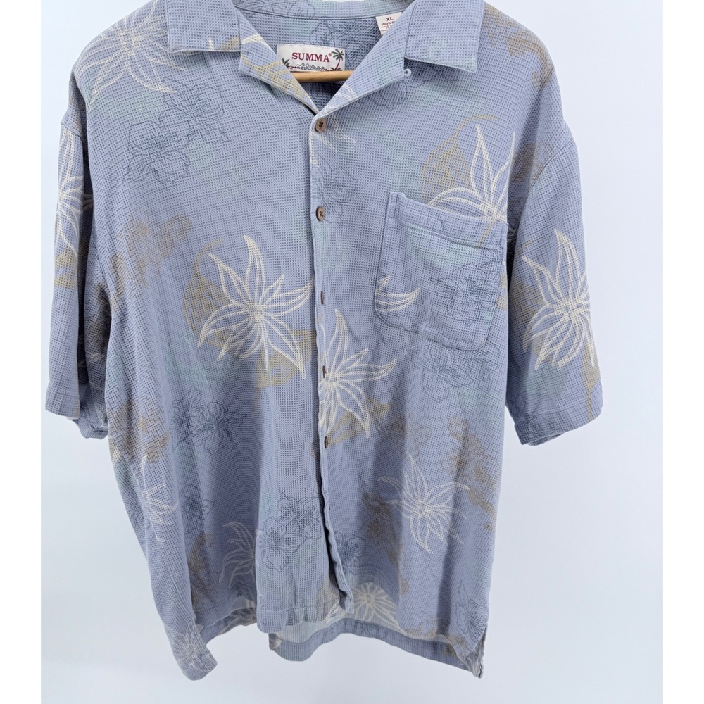 SUMMA Mens XL Blue Floral Button Up‎ Short Sleeve 100% Silk Shirt